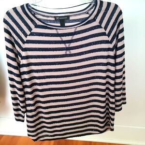 INC Navy and Taupe Sequined Striped Shirt Size XL
